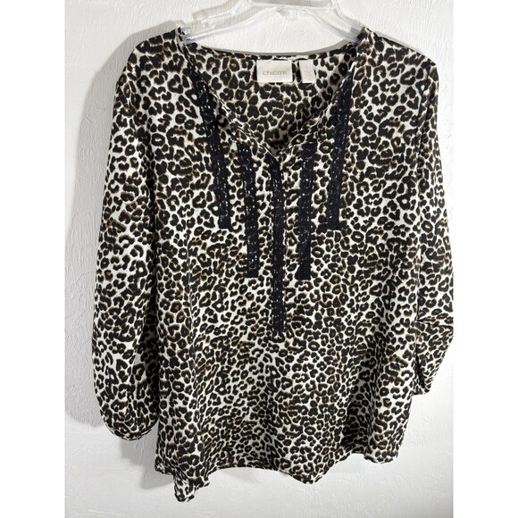 Chicos Leopard Cheetah Brown Black Sz 1 Split Neckline Roll Tab Woman’s Blouse - Picture 3 of 9
